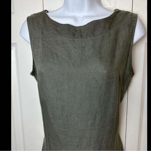 BELLAMBRA 100% Linen Dress Olive Green Made in Italy Crochet Back Sheath Shift - Picture 5 of 10